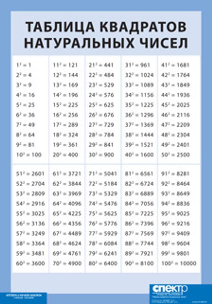 Таблица квадратов натуральных чисел от 1 до 100 (винил 100х140 см)