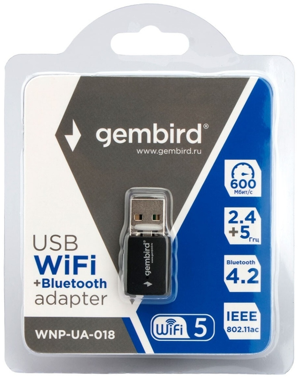 АДАПТЕР WIFI GEMBIRD WNP-UA-018 WIFI 5 (433+150MBPS) USB