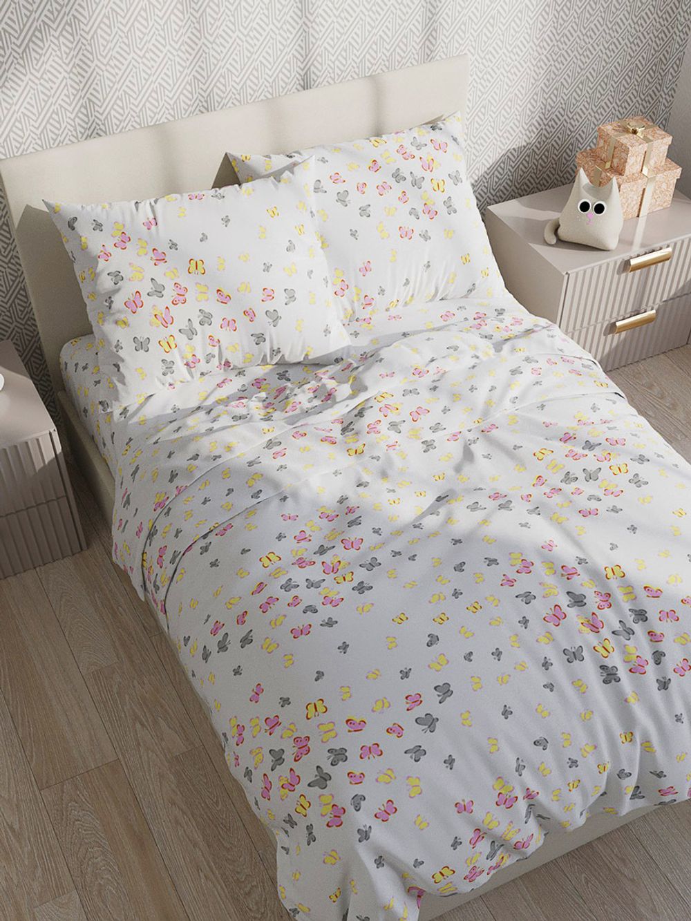 Постельное белье бязь Сказка "Бабочки фиолетовые" 1,5-сп наволочка 50х70 1шт Простынь на резинке 90x200 см пододеяльник 145х205