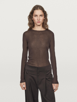 Massimo Dutti Футболка из 100% хлопка с деталями на воротнике, коричневый