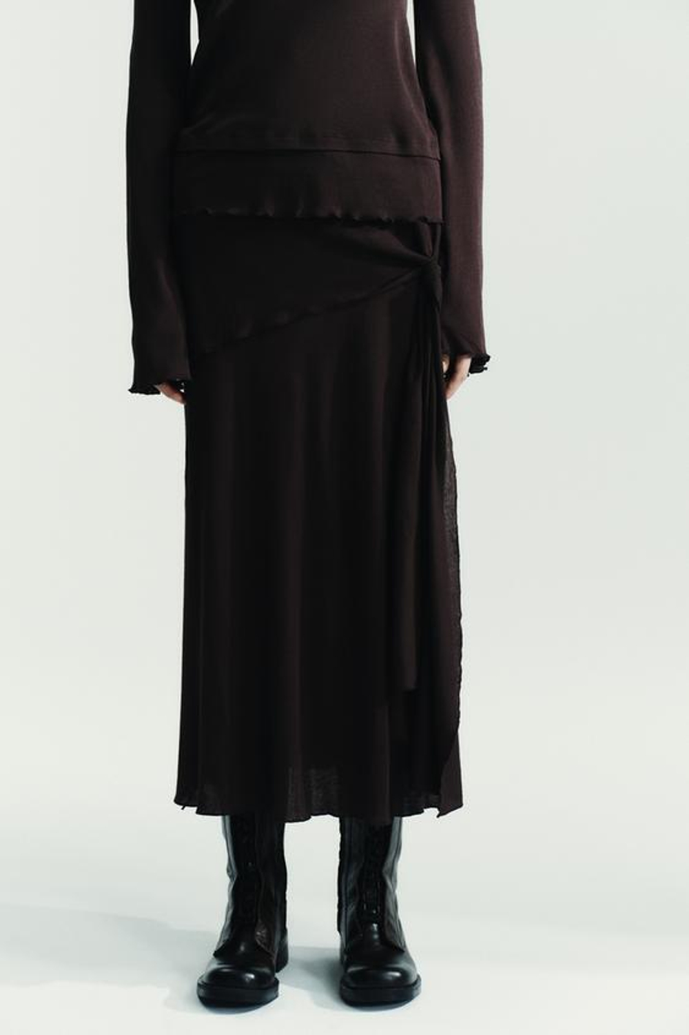 ZARA ЮБКА МИДИ ИЗ МЯГКОЙ ТКАНИ, ШОКОЛАДНО-КОРИЧНЕВЫЙ