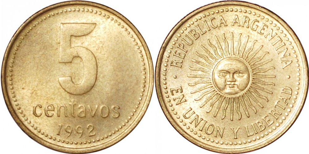 Аргентина 5 сентаво, 1992-2005 Майское солнце XF