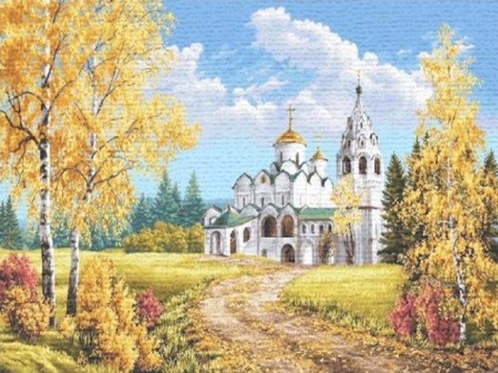 Гобеленовая картина &quot;D. ХРАМ У ДОРОГИ&quot; в багетной раме, Россия.