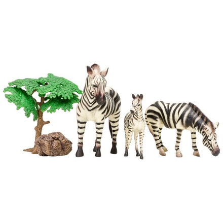 Набор фигурок животных серии "Мир диких животных": Семья зебр, дерево, камень