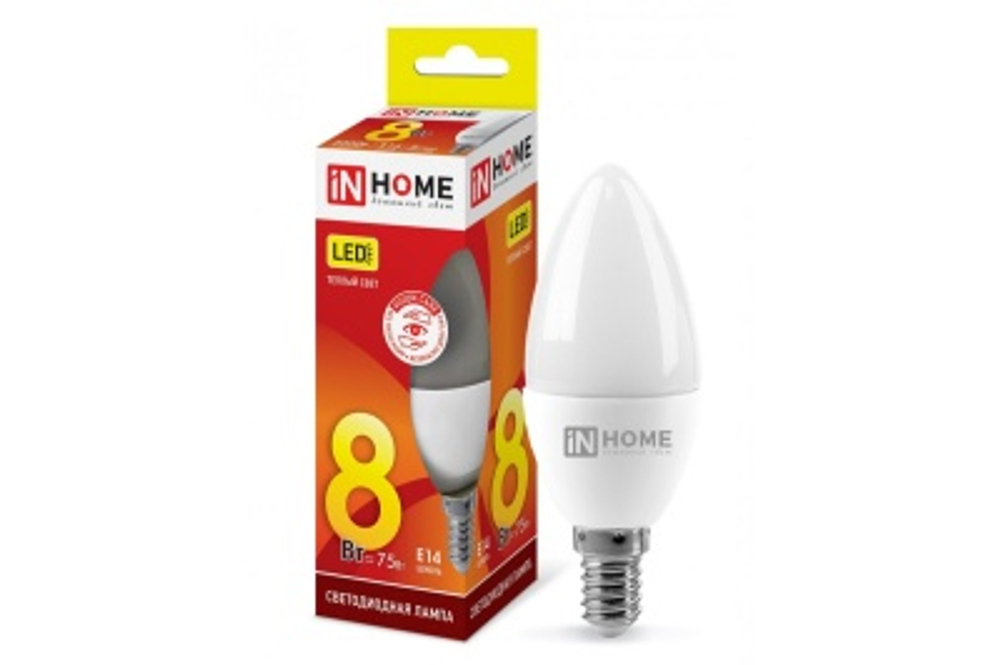 Лампа светодиодная IN HOME LED-СВЕЧА-VC 8Вт 230В Е14 3000К 750Лм