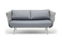 "Монако" диван 2-местный плетеный из роупа, каркас алюминий светло-серый (RAL7035) муар, роуп светло-серый 40 мм, ткань светло-серая