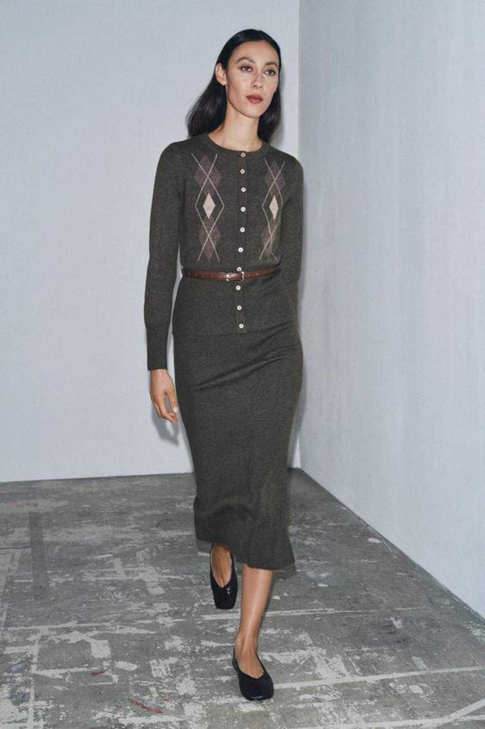 ZARA ЮБКА МИДИ В РУБЧИК, ТЕМНЫЙ ХАКИ