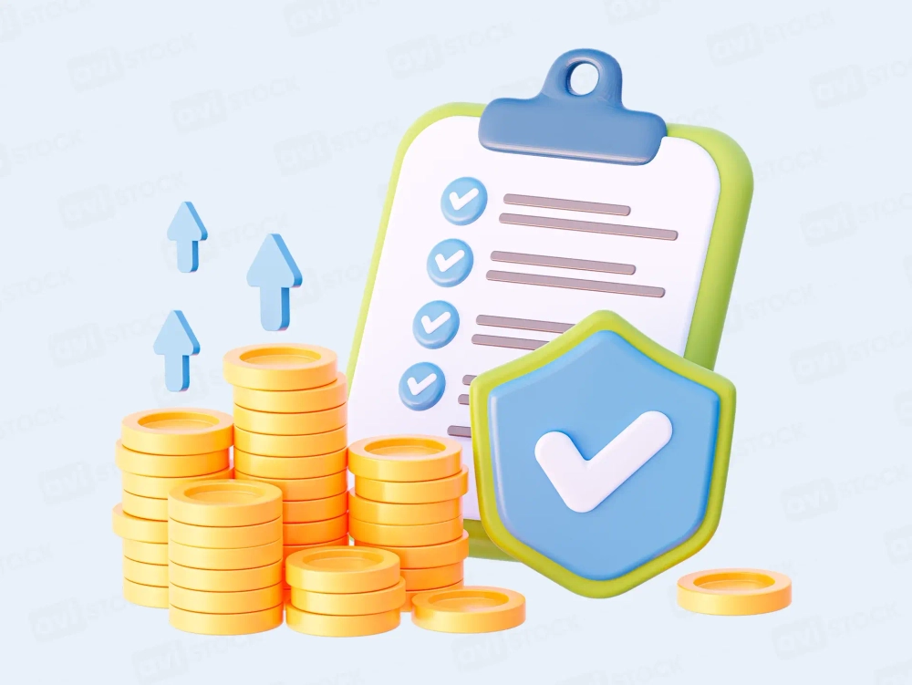 3D checklist clipboard with coin stacks, growth arrows, and shield check — finance, budgeting, investment, insurance.