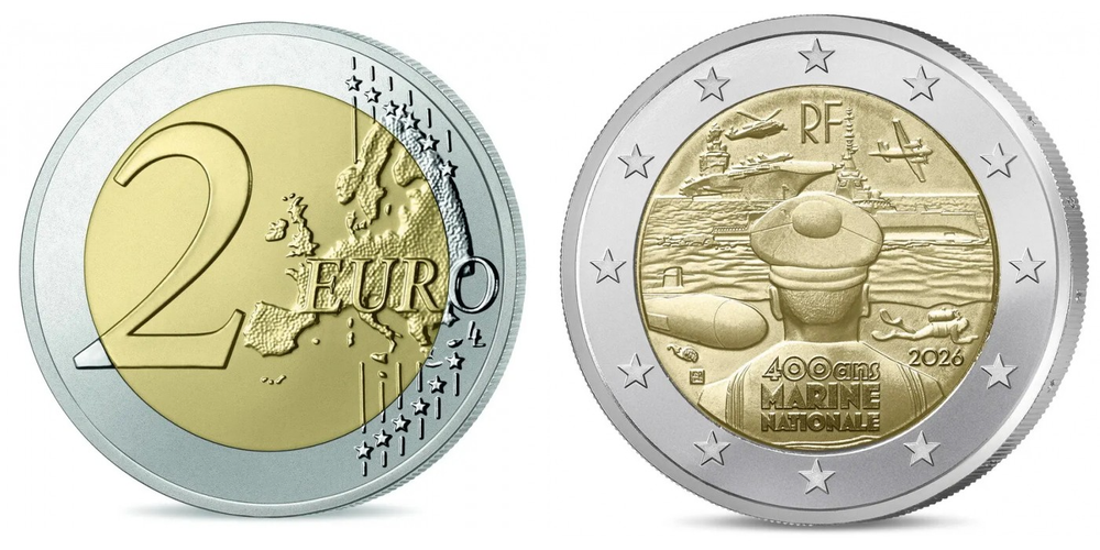 Франция 2 евро, 2026 400 лет Военно-морскому флоту Франции UNC