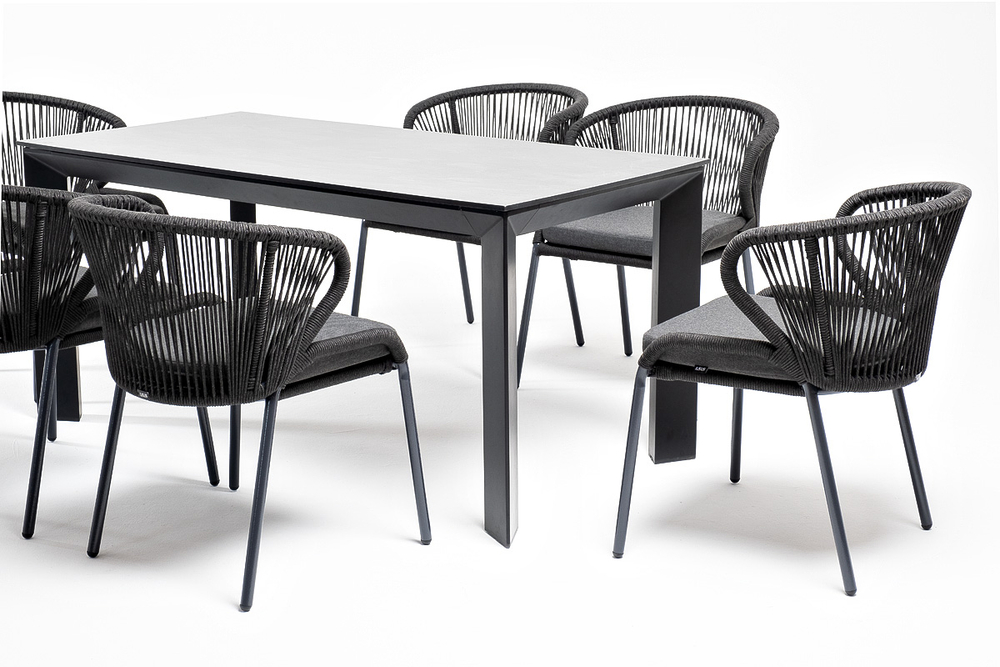 "Венето" обеденная группа на 6 персон со стульями "Милан", каркас темно-серый, роуп темно-серый
