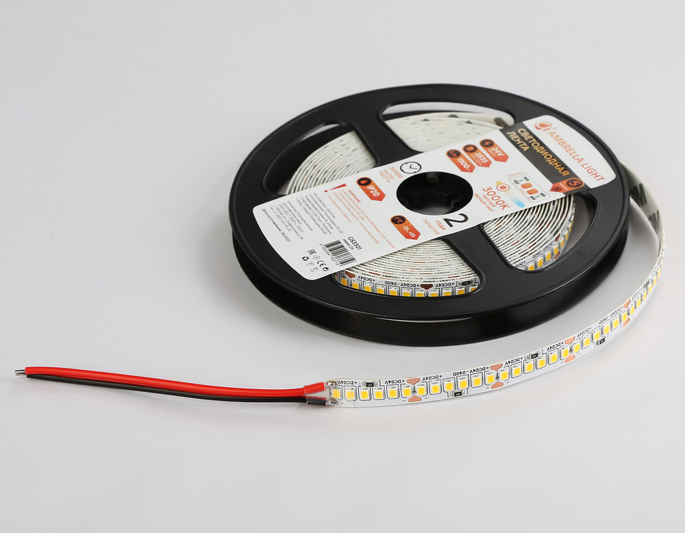 Светодиодная лента GS3301 2835 240Led/ 18W m/ 24V IP20 3000K/ 5000*10*1.2mm/ кратность резки 25mm (2 конт.)