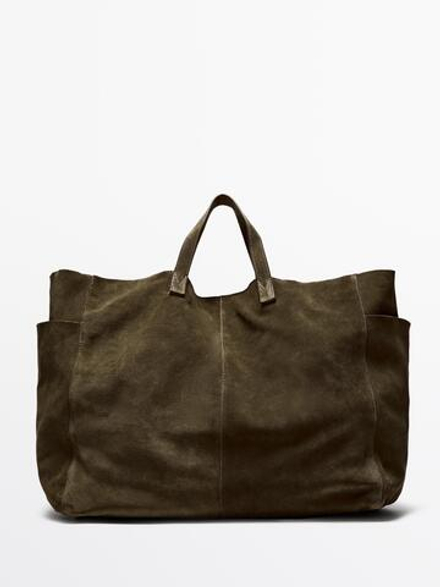Massimo Dutti Большая сумка-шопер из замши и кожи, зеленый