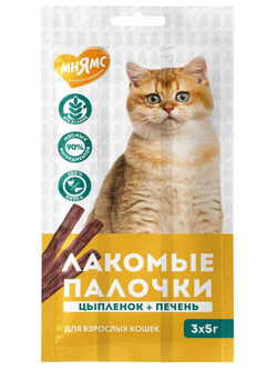 Лакомство Мнямс лакомые палочки для кошек из цыпленка и печени 3х5 г