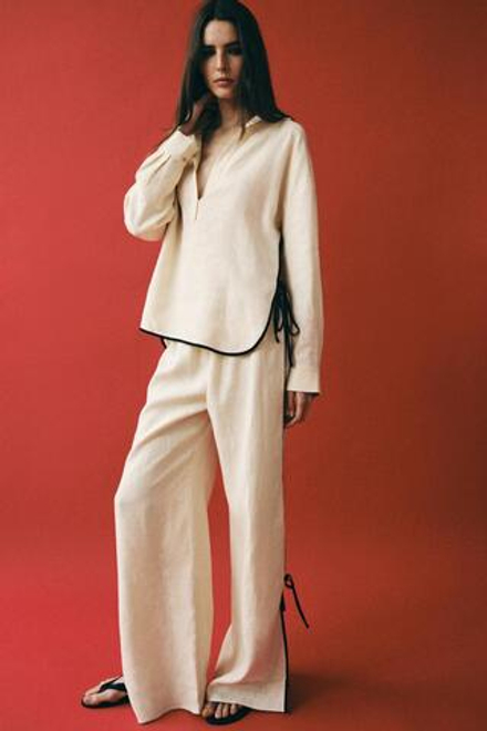 ZARA БРЮКИ ИЗ 100% ЛЬНА С ОКАНТОВКОЙ — ZW COLLECTION, БЕЖЕВЫЙ