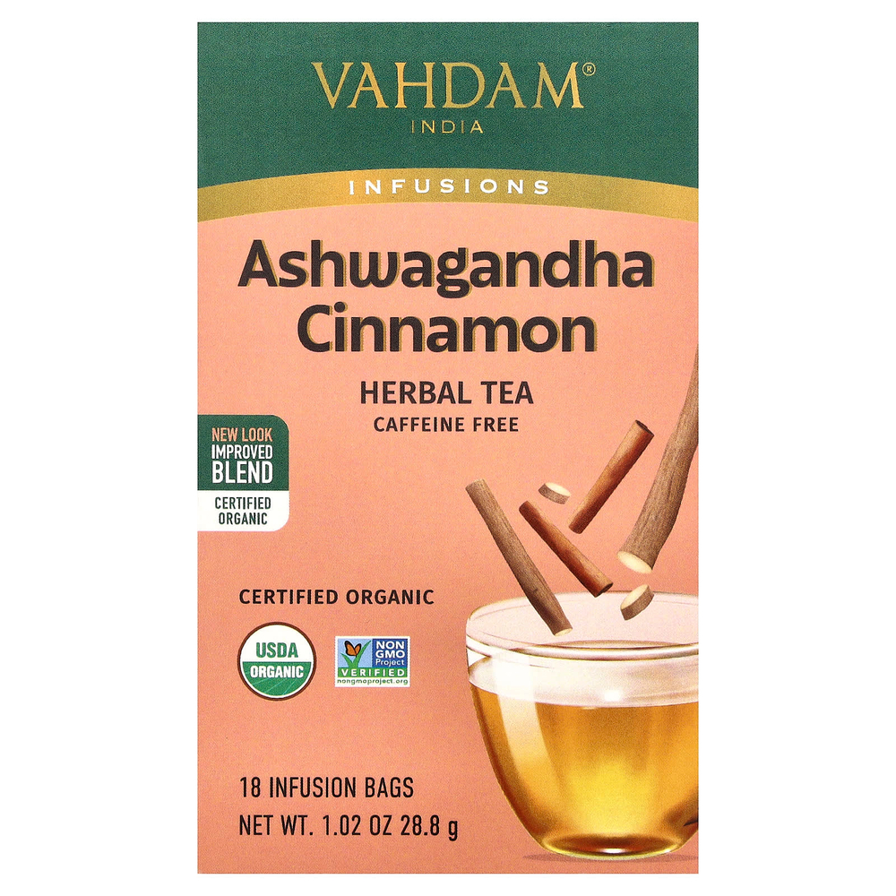 VAHDAM India, Infusions, травяной чай, ашваганда и корица, без кофеина, 18 пакетиков для заваривания, 28,8 г (1,02 унции)