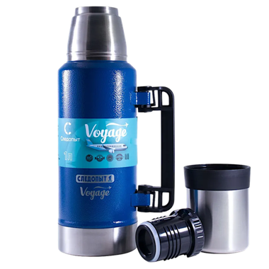 Термос 1.0л Следопыт PF-TM-17 Voyage с ручкой Синий (98°C &gt;6ч-83°С &gt;12ч-75°С &gt;24ч-61°С) 95х320мм Вес 0.73кг