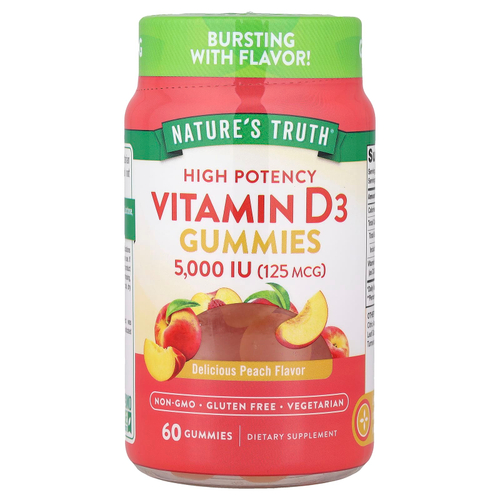 Nature's Truth, витамин D3, высокоэффективный, со вкусом персика, 125 мкг (5000 МЕ), 60 жевательных таблеток