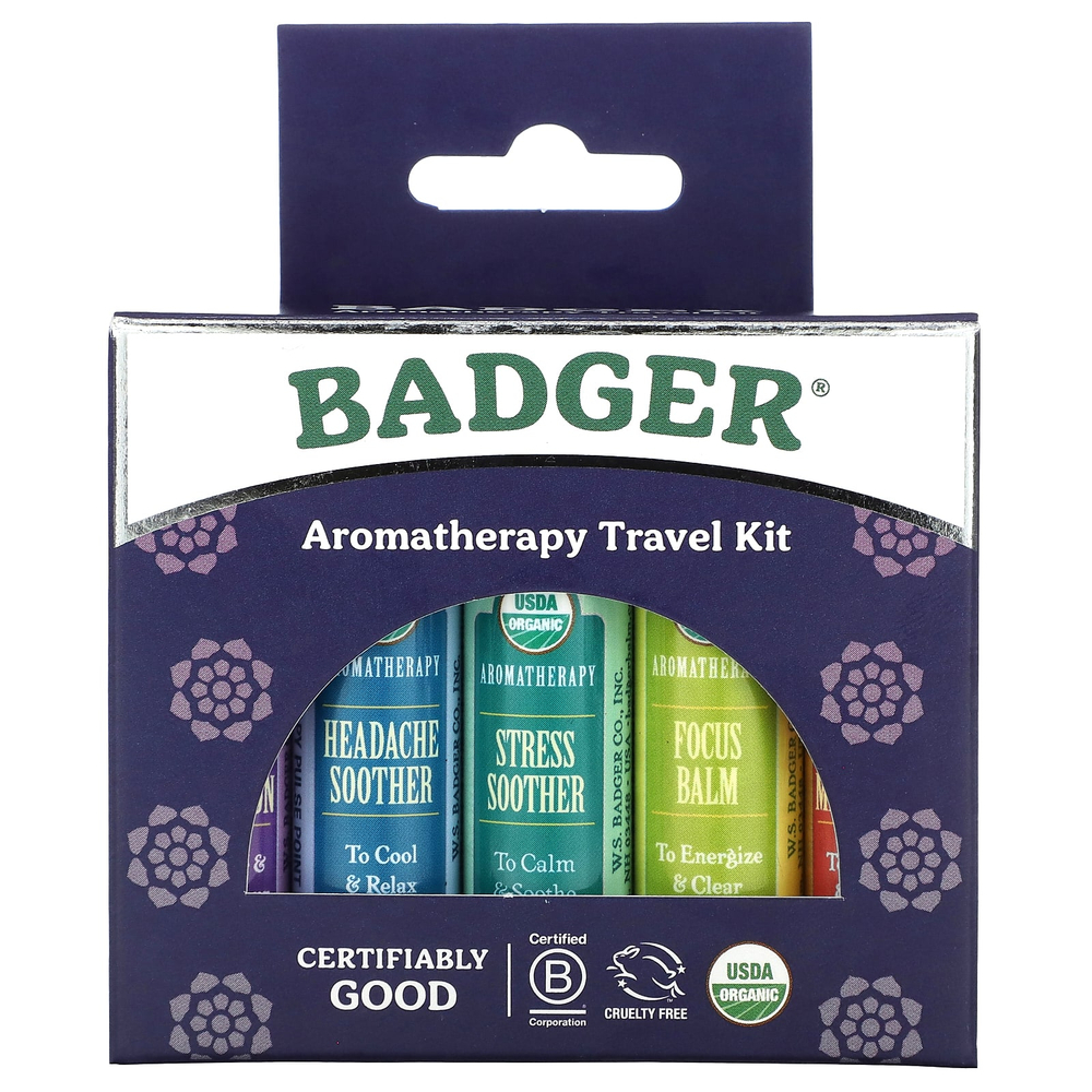 Badger, Органический дорожный набор для ароматерапии, 5 упаковок, 4,3 г (0,15 унции)