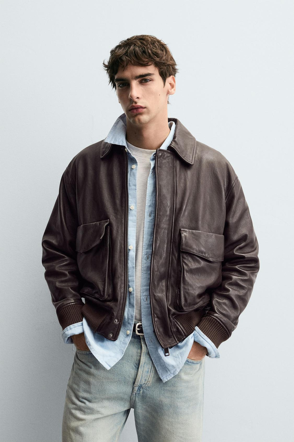 ZARA КОЖАНАЯ КУРТКА С КАРМАНАМИ, КОРИЧНЕВЫЙ