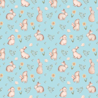 Зайки на полянке (голубой фон)
