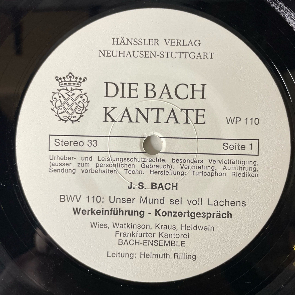Винтажная виниловая пластинка LP Бах Кантаты Bach Ensemble, Helmuth Rilling, Die Bach Kantate, BWV 110 Unser Mund Sei Voll Lachens (Германия 1974)