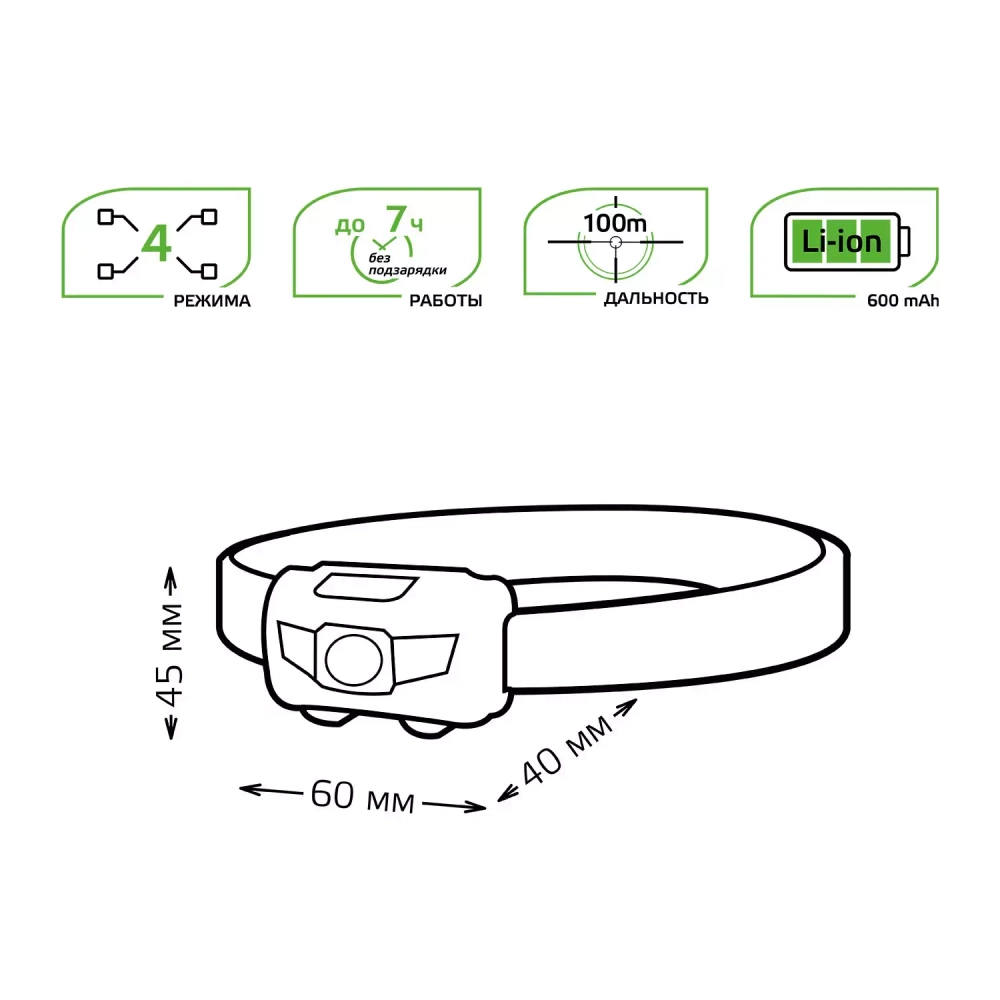 Фонарь Gauss LED налобный модель GFL405 3W 130lm Li-on 600mAh