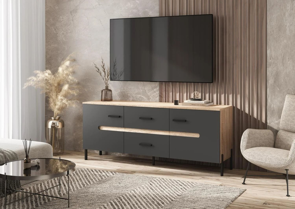 Тумба под телевизор напольная Металл сонома/Бетон графит 160х42х65