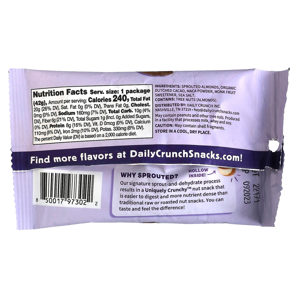 Daily Crunch, Проросший миндаль, какао и морская соль, 42 г (1,5 унции)