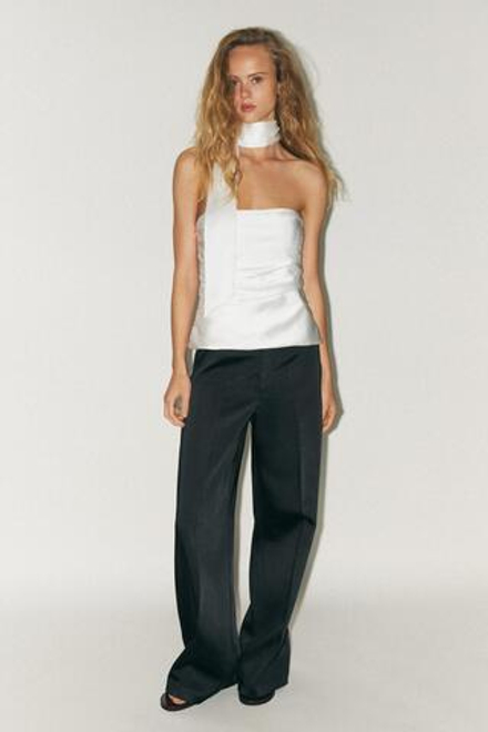 ZARA АТЛАСНЫЙ ТОП СО СБОРКАМИ И ШАРФОМ, БЕЛЫЙ