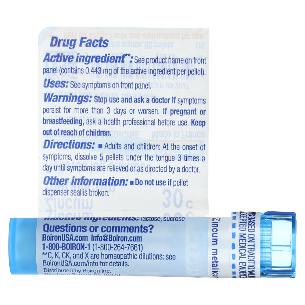 Boiron, Zincum Metallicum, 30C, для облегчения судорог ног, примерно 80 гранул