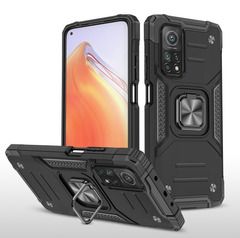 Противоударный чехол для Xiaomi Mi 10T черный с пластиной для магнитного автодержателя и кольцом подставкой / чехол накладка для телефона Сяоми Ми 10Т трансформируется в подставку / чехол с держателем на палец