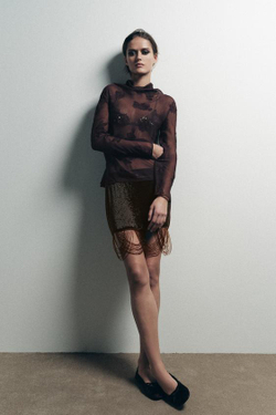 ZARA МИНИ-ЮБКА С БУСИНАМИ И БАХРОМОЙ, КОРИЧНЕВЫЙ