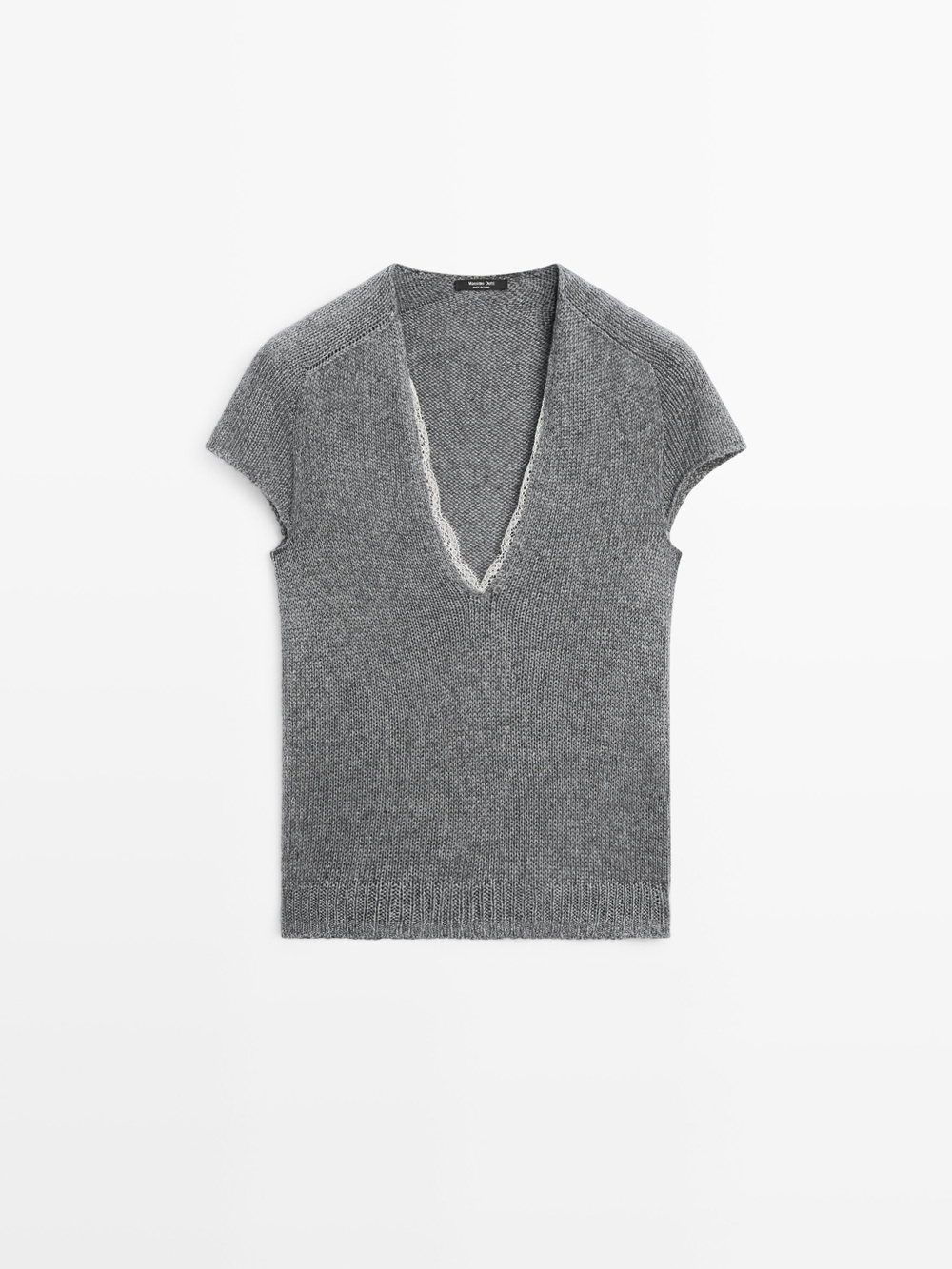 Massimo Dutti Свитер из трикотажа с короткими рукавами и отделкой кружевом, серый