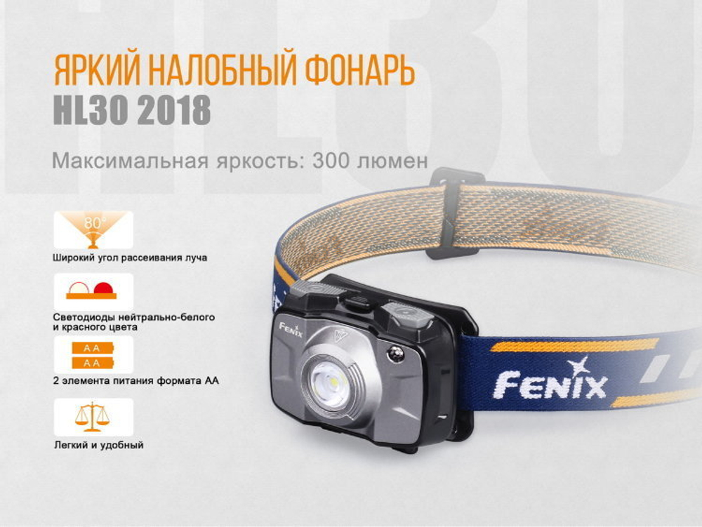 Фонарь светодиодный налобный Fenix HL30GY серый, 300 лм, 2-АА