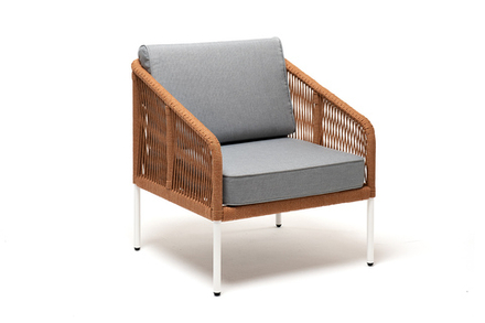 "Канны" кресло плетеное из роупа, каркас алюминий светло-серый (RAL7035) муар, роуп оранжевый меланж круглый, ткань светло-серая