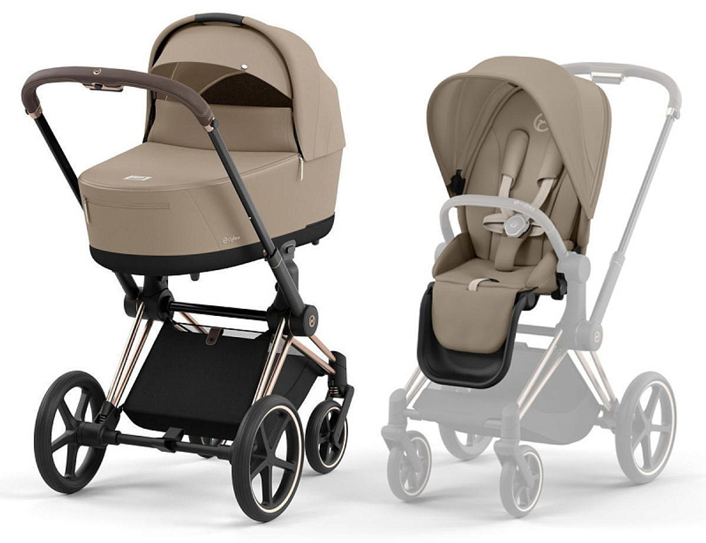 Коляска 3 в 1 Cybex Priam IV Rosegold complete и автокресло Aton S2 i-Size Ocean Blue Cozy Beige
