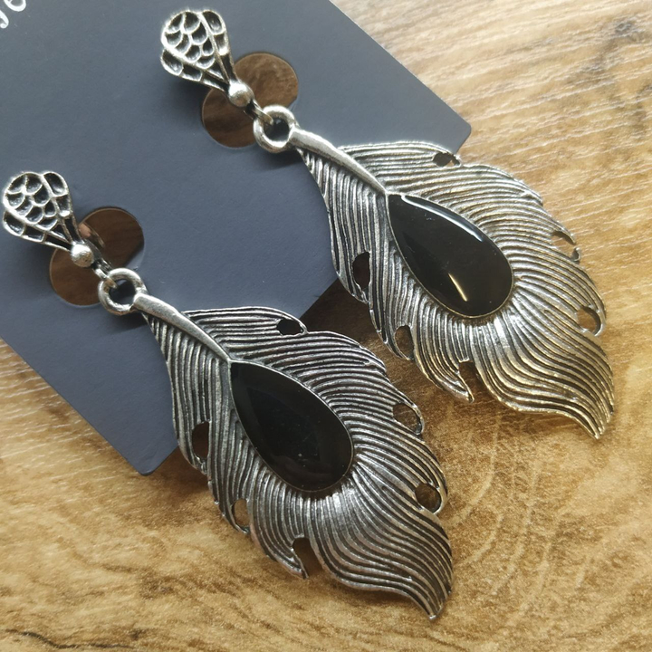 Серьги на англ.заст Bohemia Перо с камнем металл античный серебристый 6х2,3 см