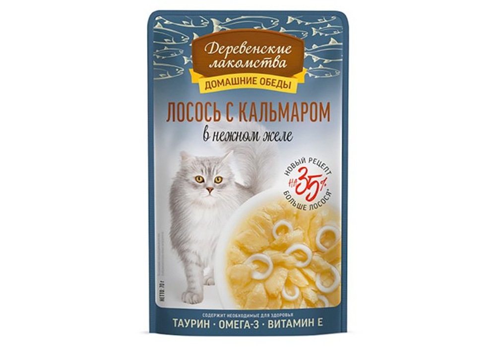 ДЕРЕВЕНСКИЕ ЛАКОМСТВА Пауч для кошек c лососем и кальмаром в нежном желе 0,07 кг