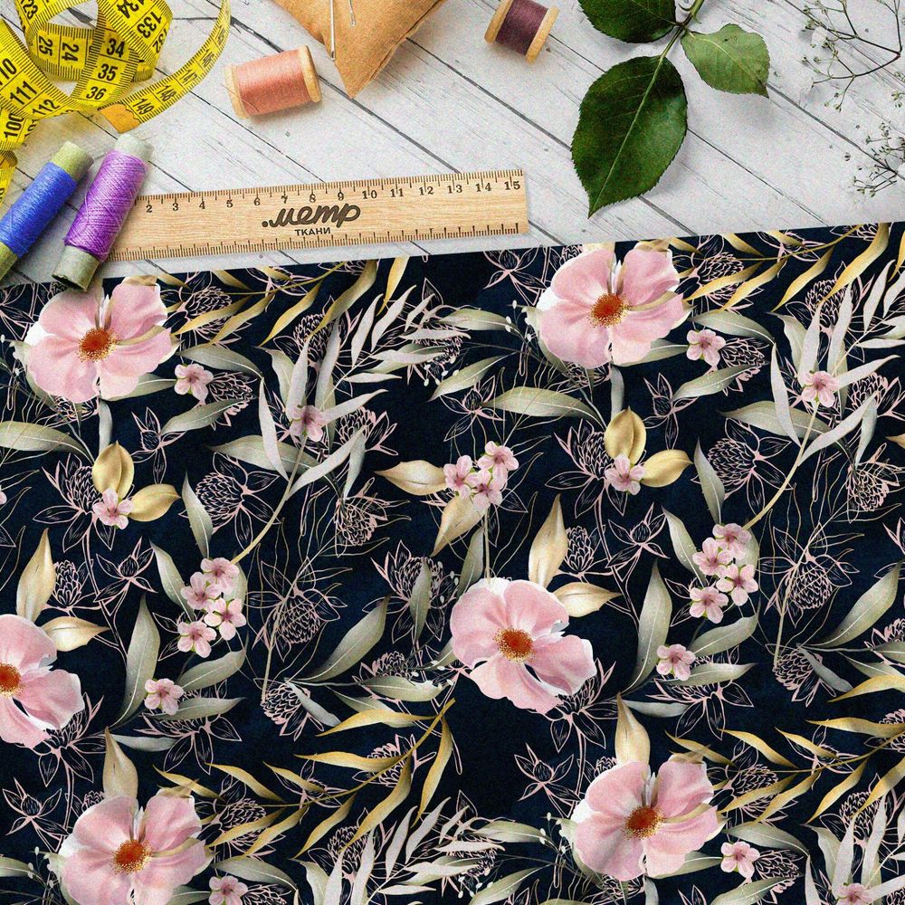 Ткань флис маслом нарисованные цветы, листва и клевер