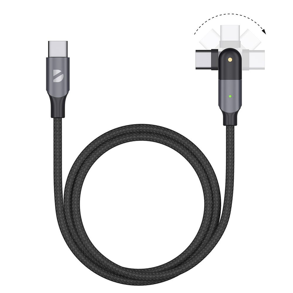 Дата-кабель USB-C - USB-С, поворотный, 180˚, USB 2.0, 3A, 1.2м, алюминий, нейлон, черный