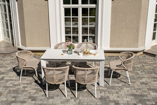 "Венето" обеденная группа на 6 персон со стульями "Милан", каркас белый, роуп бежевый