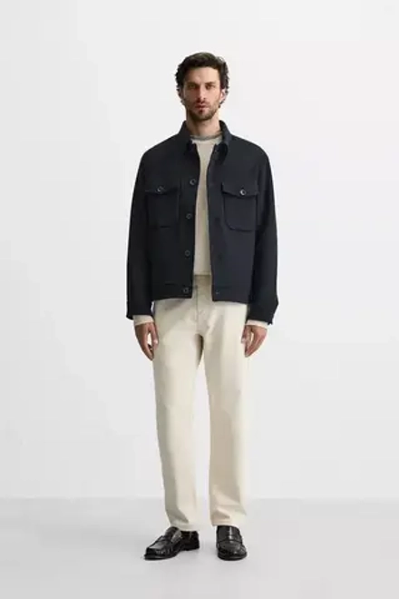 ZARA КУРТКА-РУБАШКА ИЗ СМЕСОВОЙ ШЕРСТИ, МОРСКОЙ СИНИЙ