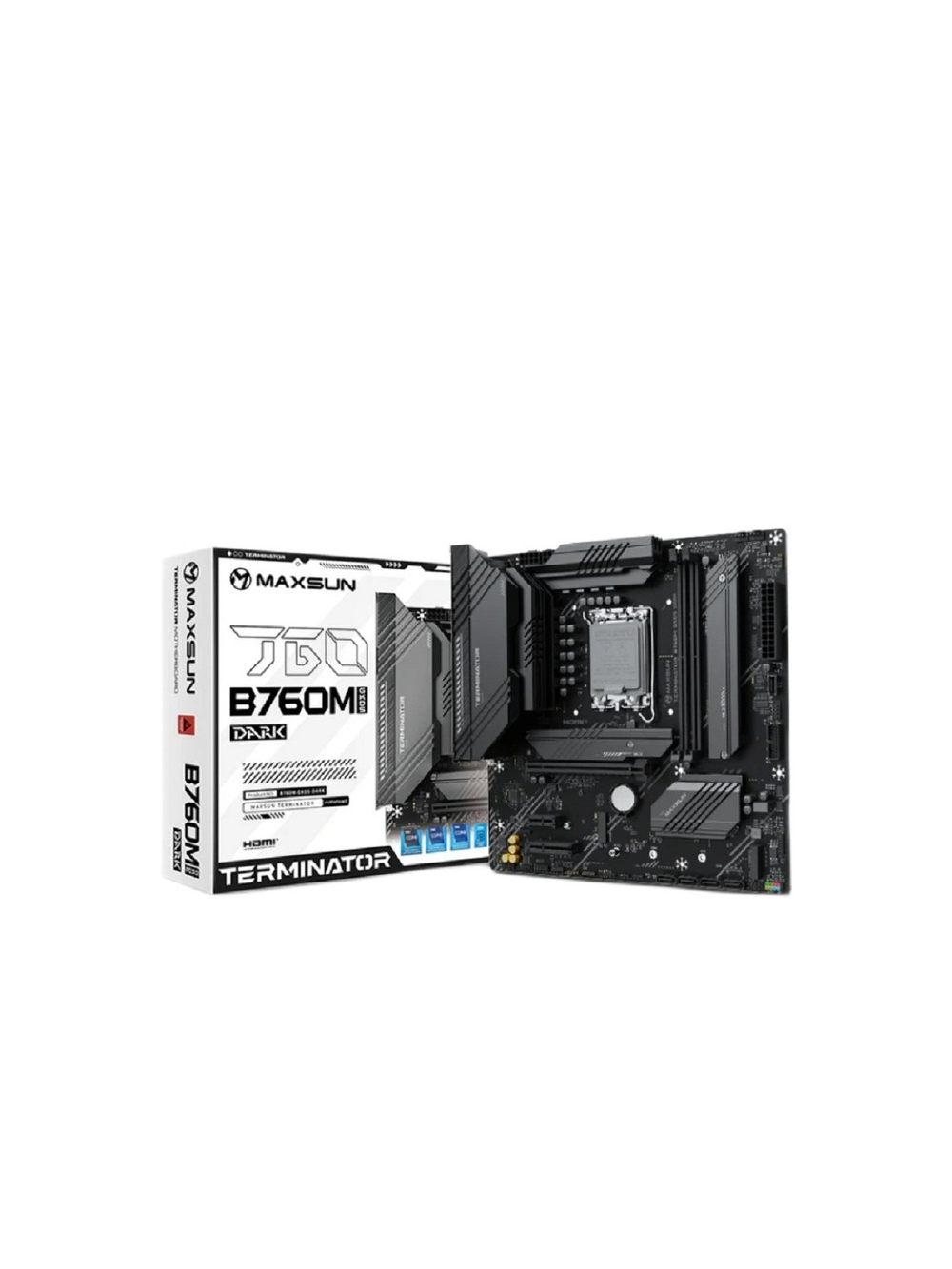 MAXSUN MS-Terminator B760M GKD5 DARK (Socket 1700, mATX, 2*DDR5, DP/HDMI, 4*SATA3, 3*M.2, 1*PCIEx16/1*PCIEx4/1*PCIEx1, LAN 1*2.5G , 6*USB2.0, 2*USB 3.2, 2*ARGB+1*RGB, black, RTL)
