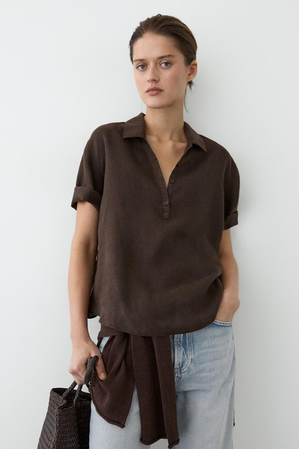 Massimo Dutti Блуза изо льна с воротником поло, коричневый