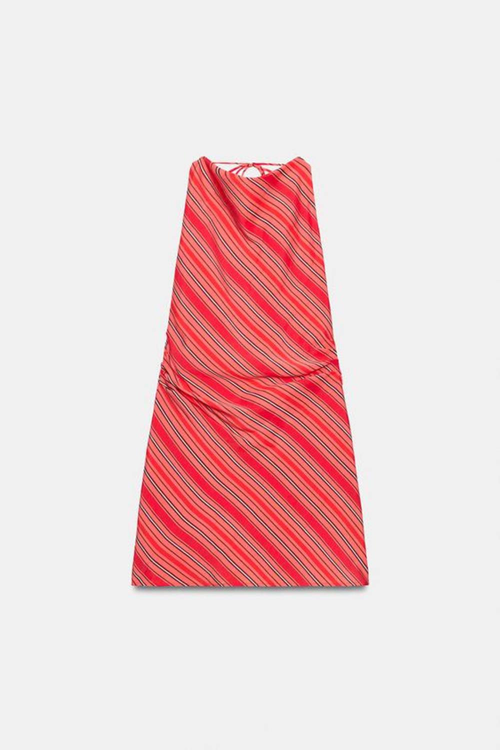 ZARA МИНИ-ПЛАТЬЕ ХАЛТЕР В ПОЛОСКУ СО СБОРКАМИ, ОТТЕНОК КРАСНОГО