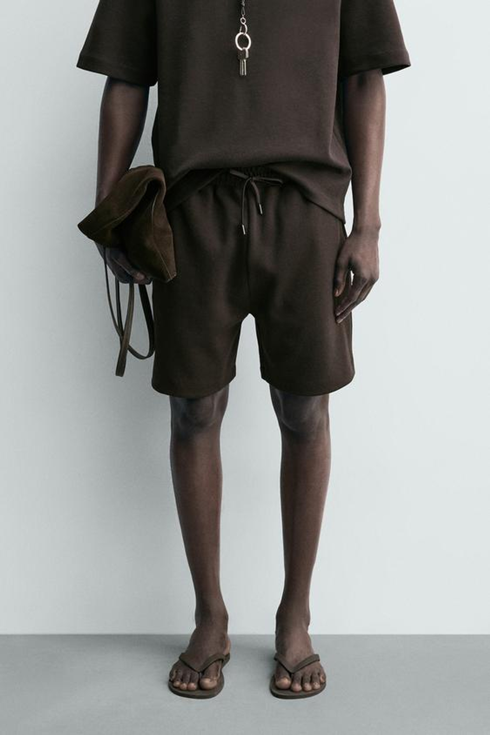 ZARA ШОРТЫ-ДЖОГГЕРЫ RELAXED FIT INTERLOCK, ТЕМНО-КОРИЧНЕВЫЙ