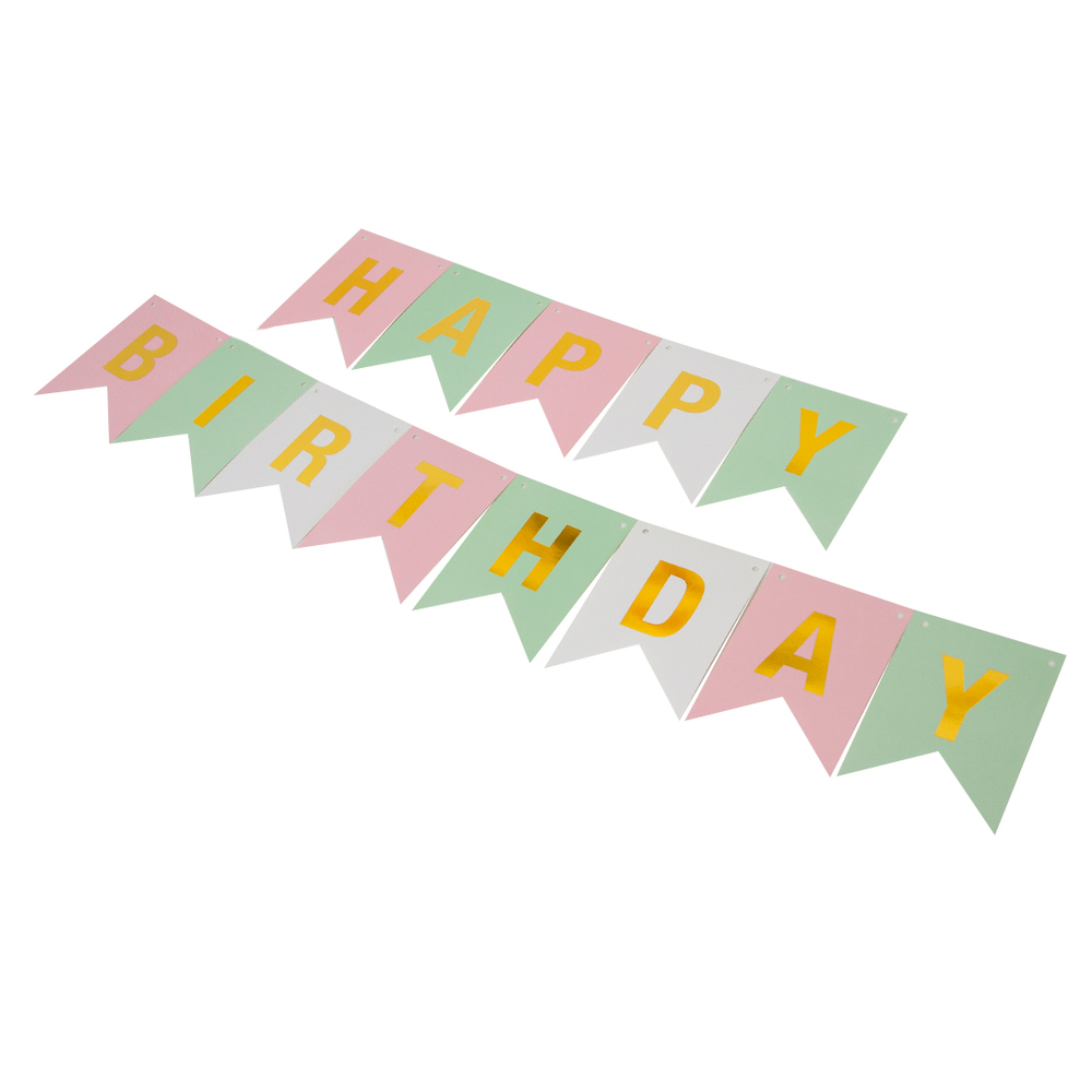 Гирлянда Флажки, Happy Birthday, Пастельный микс/Золото, Металлик, 500 см, 16*12 см, 1 шт.