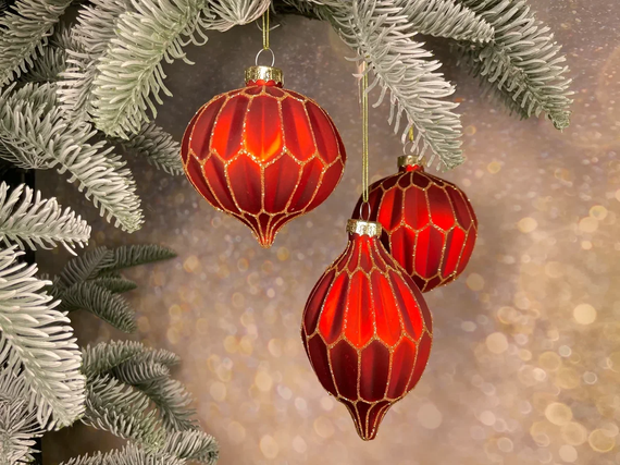 Набор стеклянных украшений Золотой узор 80 мм., 12 шт., красный, Christmas DeLuxe (86800)