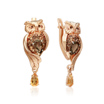 Серьги «Совы» с английским замком из красного золота c кварцем дымчатым, цитринами и эмалью 02-4128-00-226-1110-57