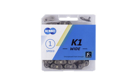 Цепь KMC K1-W для 1 скорости, BMX, Dirt, Fixed, 1/2"х1/8", 110 звеньев, пин 9.3мм, с замком, серая